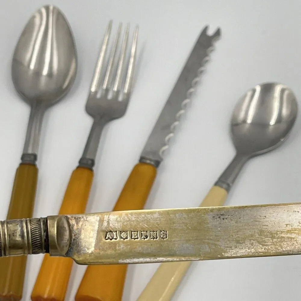 Vintage Bakelite Handle Flatware LOT Knife Fork Spoon Butterscotch Cream Brown